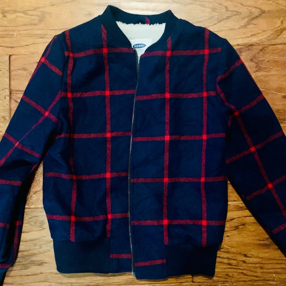 Old Navy Red & Navy Plaid Sherpa Lined Bomber Style Jacket